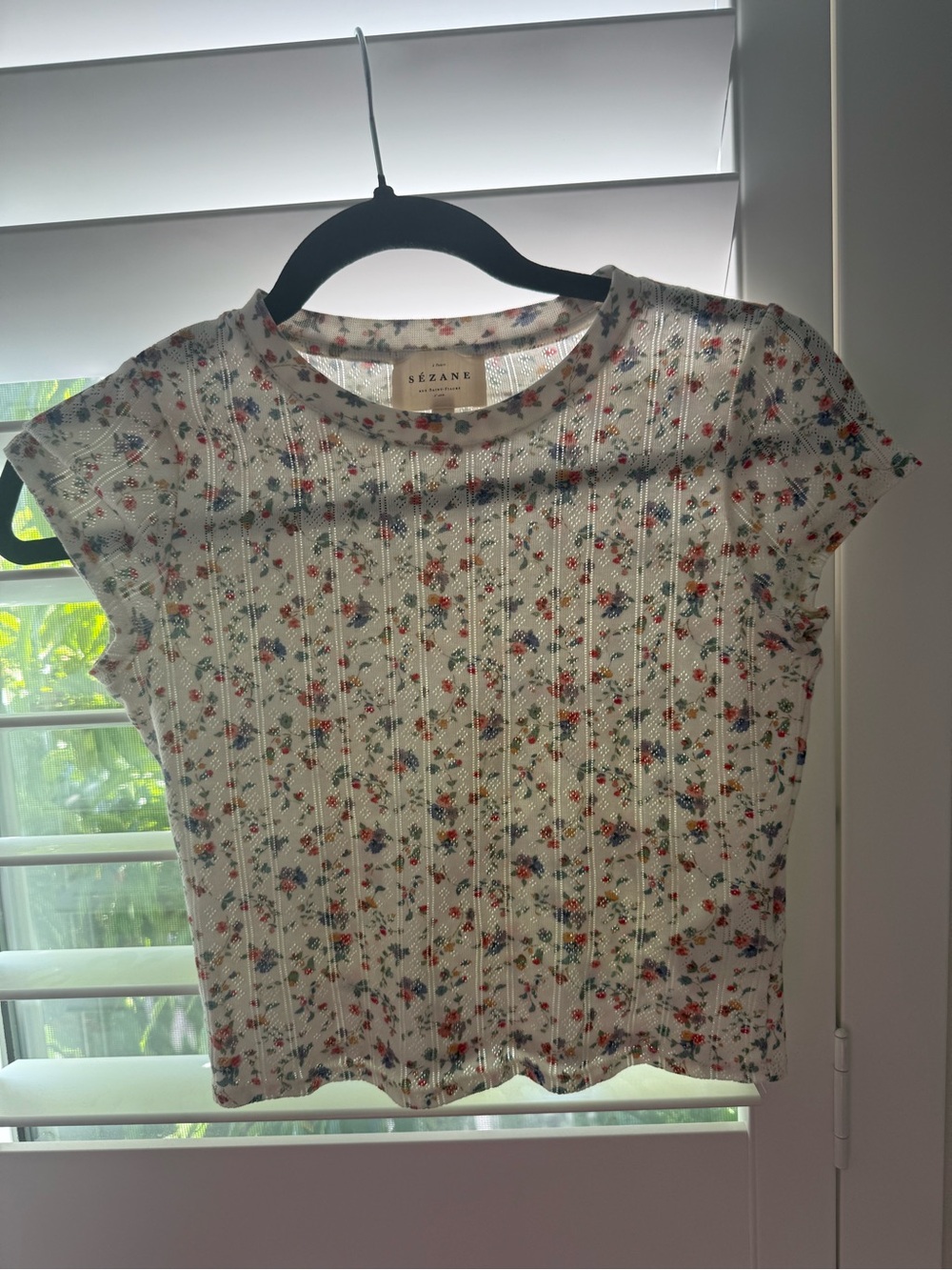 Sezane White Floral Ribbed Tee with Multicolor Blooms Camil top